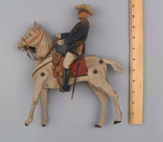 Antique Circa - 1900 Painted Folk Art Wood Toy,  Military General & Horse