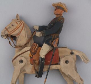 Antique circa - 1900 Painted Folk Art Wood Toy,  Military General & Horse 3