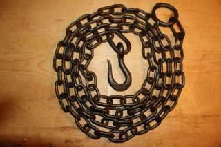 Antique Wrought Iron Hook On Length Of Old Chain With Ring Beam 146 "