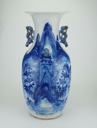 Large Antique Chinese Blue And White Porcelain Twin Handled Vase 19th C 44cm