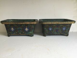 2 Antique Footed Chinese Cloisonne Enamel Brass Copper Planter Pot 10 " Oxidation