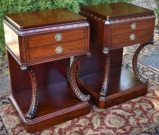 1930s English Regency Red Mahogany Bedside End Tables / Nightstands