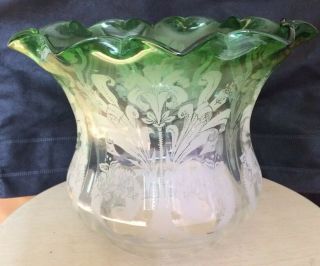 Antique Green Etched Glass Oil Lamp Shade