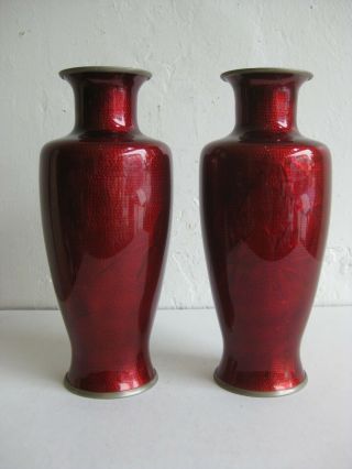 Pair Fine Old Japanese Pigeon Blood Cloisonne Enamel Ginbari Lamps Vases W/birds