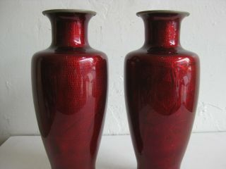 Pair Fine Old Japanese Pigeon Blood Cloisonne Enamel Ginbari Lamps Vases w/Birds 2