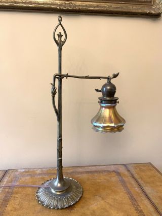 Antique Art Nouveau Arts & Crafts Mission Brass Desk Bridge Lamp Aurene Shade