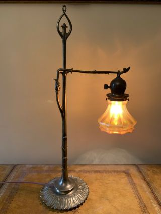 Antique Art Nouveau Arts & Crafts Mission Brass Desk Bridge Lamp Aurene Shade 2