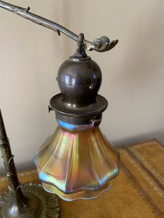 Antique Art Nouveau Arts & Crafts Mission Brass Desk Bridge Lamp Aurene Shade 6