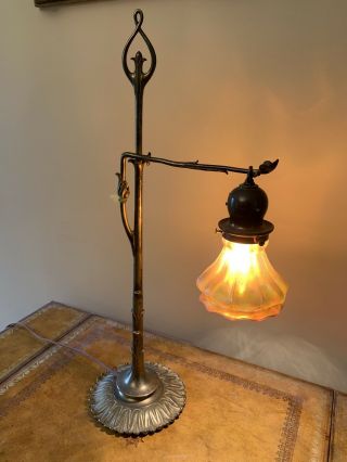 Antique Art Nouveau Arts & Crafts Mission Brass Desk Bridge Lamp Aurene Shade 8