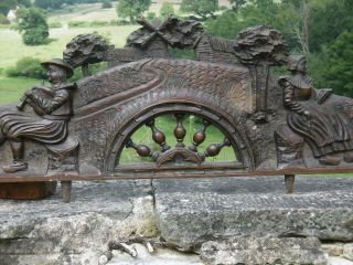 19thc Oak Carved Pediment With Seated Male & Female Figures In Clogs