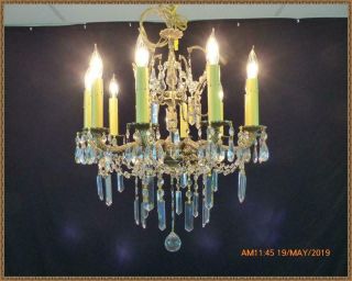 Vintage Antique Brass Chandelier Fantastic Leaded Crystals 10 Light Gorgeous