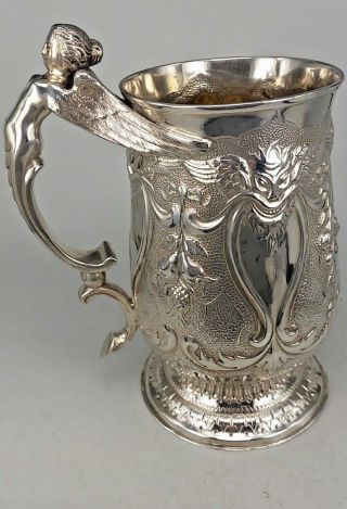 George III 1792 silver tankard decorated with demon faces & Harpy figure handle 4