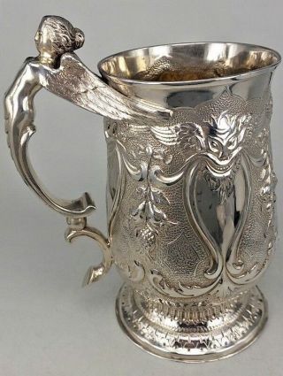 George III 1792 silver tankard decorated with demon faces & Harpy figure handle 5