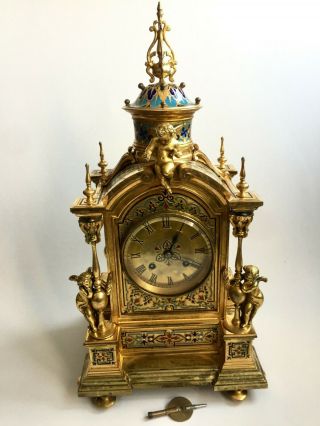 Large 1855 French Gilt Bronze Enamel Mantel Clock