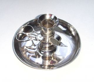 Antique Sterling Silver Candle Holder With Scissors & Snuffer,  London,  1796.