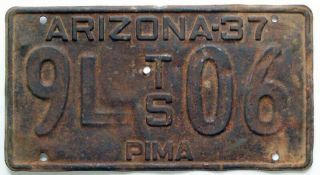 Rare Arizona 1937 Pima County Trailer License Plate,  Old West Antique