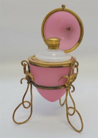 Antique Palais Royal French Ormolu Bronze Pink Opaline Glass Egg Casket Perfume