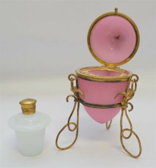 Antique Palais Royal French Ormolu Bronze Pink Opaline Glass Egg Casket Perfume 2