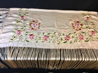 Antique Silk Piano Shawl Scarf Embroidered Floral 50 X 50,  16” Fringe Excelkent