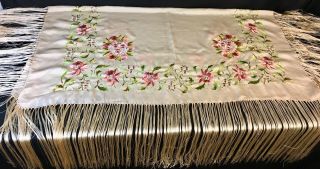 Antique Silk Piano Shawl Scarf Embroidered Floral 50 x 50,  16” Fringe Excelkent 3