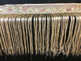 Antique Silk Piano Shawl Scarf Embroidered Floral 50 x 50,  16” Fringe Excelkent 4