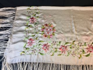 Antique Silk Piano Shawl Scarf Embroidered Floral 50 x 50,  16” Fringe Excelkent 5