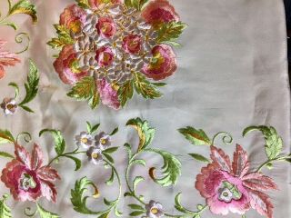 Antique Silk Piano Shawl Scarf Embroidered Floral 50 x 50,  16” Fringe Excelkent 8