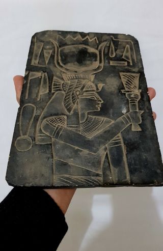 Rare Egyptian Isis Relief Wall Sculpture Plaque Holding Hieroglyphics carving 5