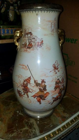 Antique Samurai Warrior Porcelain Vase With Gold 21.  5 Inches Tall 9 Inches Wide