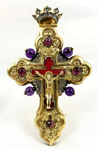 Russian Silver Diamond & Amethyst Faberge Henrik Wigstrom Orthodox Cross Pendant