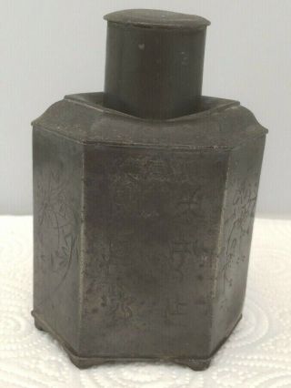 ANTIQUE CHINESE HIAH WAH SOON SWATOW PEWTER TEA CADDY SIGNED HEXAGON SIX SIDED 2
