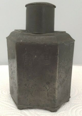 ANTIQUE CHINESE HIAH WAH SOON SWATOW PEWTER TEA CADDY SIGNED HEXAGON SIX SIDED 5