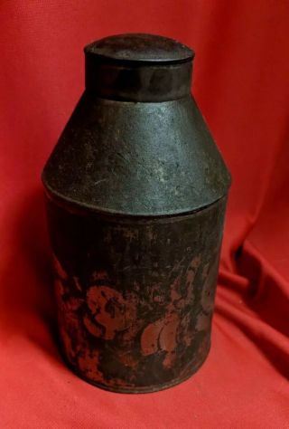 Antique 19th C Decorated Tin Toleware Covered Tea Canister Caddy
