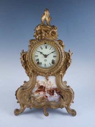 Antique 19c Ansonia Bronze Dore Porcelain Plaque Baroque Mantel Clock