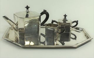 Art Deco Sterling Silver 4 Piece Tea Service: Teapot,  Sugar,  Creamer & Tray