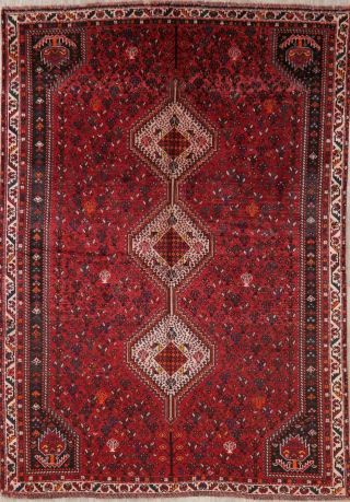 Antique Qashqai Persian Tribal Area Rug Geometric Deep Red Hand - Made Nomad 7x10