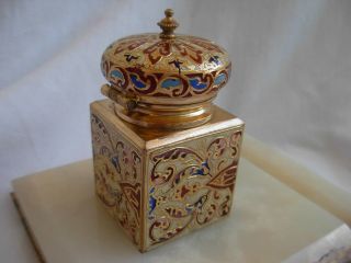 ANTIQUE FRENCH ENAMELED GILT BRONZE MARBLE INKWELL,  LATE 19th CENTURY. 10