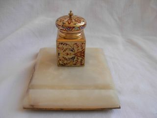 Antique French Enameled Gilt Bronze Marble Inkwell,  Late 19th Century.