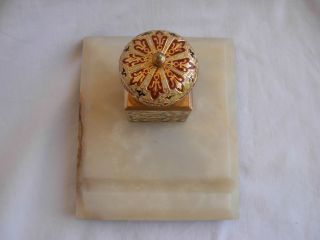ANTIQUE FRENCH ENAMELED GILT BRONZE MARBLE INKWELL,  LATE 19th CENTURY. 2