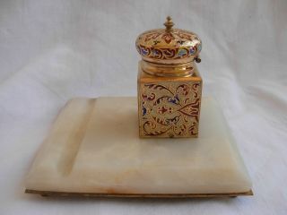 ANTIQUE FRENCH ENAMELED GILT BRONZE MARBLE INKWELL,  LATE 19th CENTURY. 3