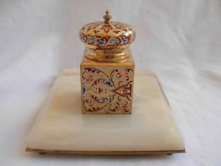 ANTIQUE FRENCH ENAMELED GILT BRONZE MARBLE INKWELL,  LATE 19th CENTURY. 4