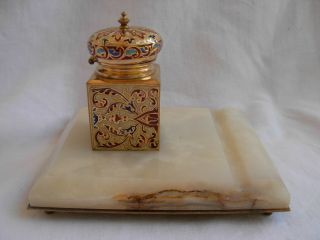 ANTIQUE FRENCH ENAMELED GILT BRONZE MARBLE INKWELL,  LATE 19th CENTURY. 5