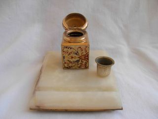 ANTIQUE FRENCH ENAMELED GILT BRONZE MARBLE INKWELL,  LATE 19th CENTURY. 6