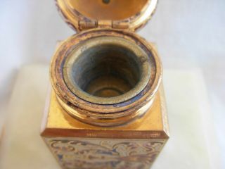 ANTIQUE FRENCH ENAMELED GILT BRONZE MARBLE INKWELL,  LATE 19th CENTURY. 7