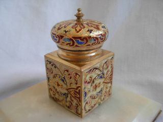 ANTIQUE FRENCH ENAMELED GILT BRONZE MARBLE INKWELL,  LATE 19th CENTURY. 9