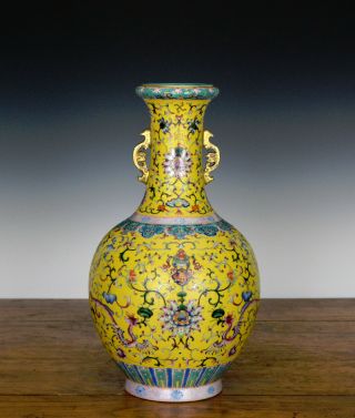 Chinese Qing Jiaqing Mk Enamel Floral Yellow Glazed Ground Porcelain Vase