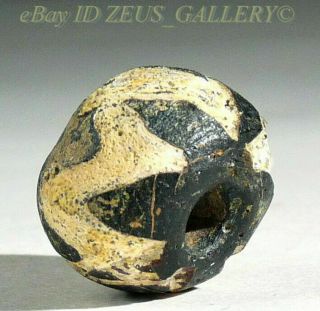 Ancient Black Glass Bead Zig - Zag Mavered Round Ex Bonhams London Uk 2004