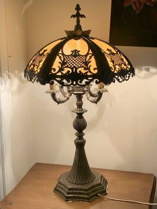Gorgeous Antique Art Nouveau Curved Slag Glass And Brass Parlor Lamp - Heavy