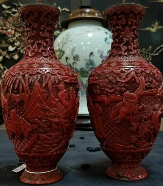 Exceptional Pair 18th/19th Ct Cinnabar Vases Antique Chinese Immortals