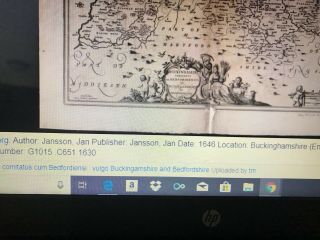 ANTIQUE 1646 ENGLISH BUCKINGHAMSHIRE MAP IN FRAME - JANNSON - RARE 373 yr 12